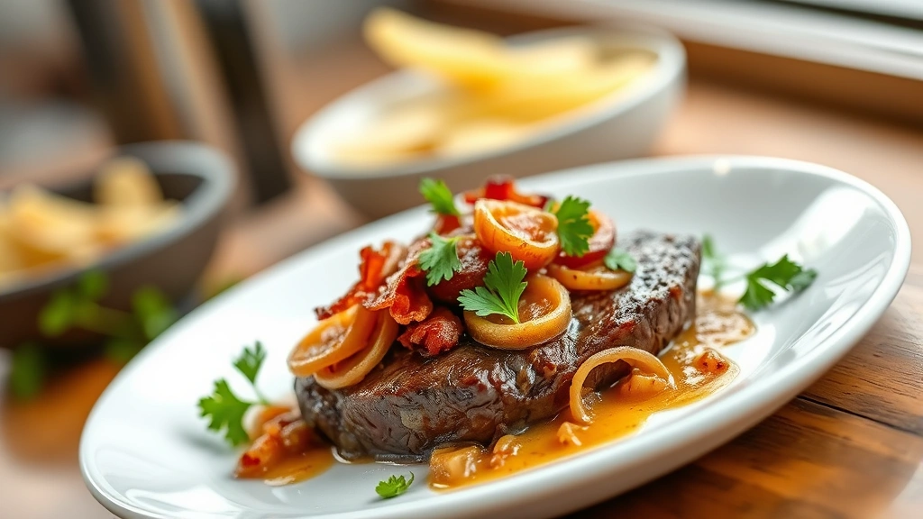 hero: perfectly cooked beef liver topped with caramelized onions, crispy bacon, and fresh parsley garnish on a white plate, photorealistic, natural soft window light, no text, shallow depth of field