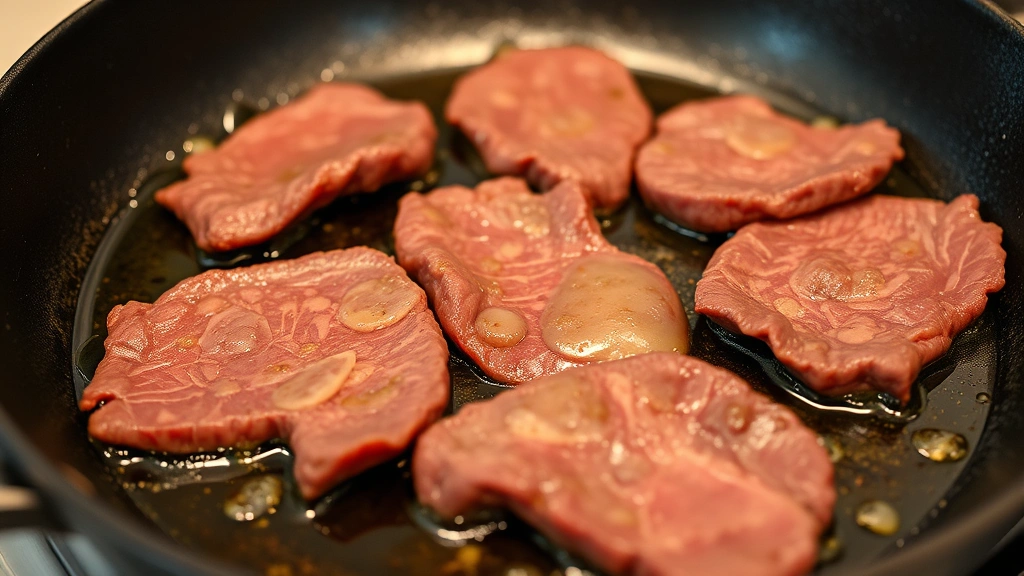 process: searing thin slices of beef liver in a hot skillet with butter and oil, golden crust forming, photorealistic, natural kitchen lighting, no text, close action shot