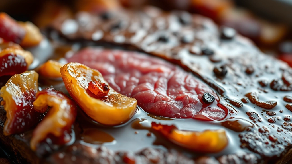 detail: close-up of finished beef liver dish showing the tender pink center, caramelized onions, crispy bacon pieces, and glossy sauce, photorealistic, natural light, no text, macro photography