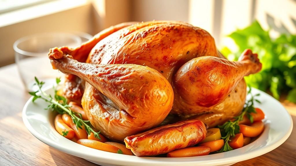 hero: whole brined turkey on white platter, golden brown crispy skin, fresh herb garnish, warm natural sunlight from side, professional food photography, no text or watermarks