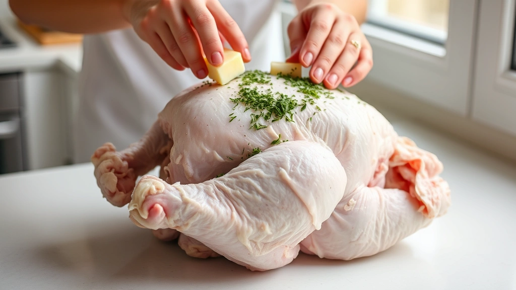 process: turkey being rubbed with butter and herbs, hands working on raw poultry, bright kitchen counter, natural window light, close action shot, no text