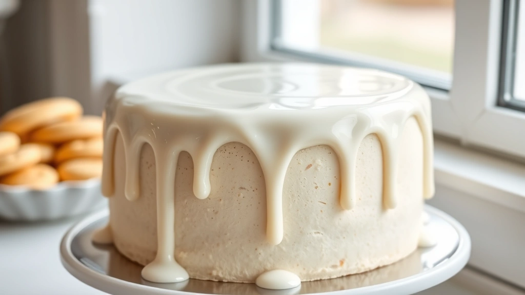 hero: elegant vanilla cake with smooth white glaze cascading down sides, professional bakery style, natural window light, no text or watermarks