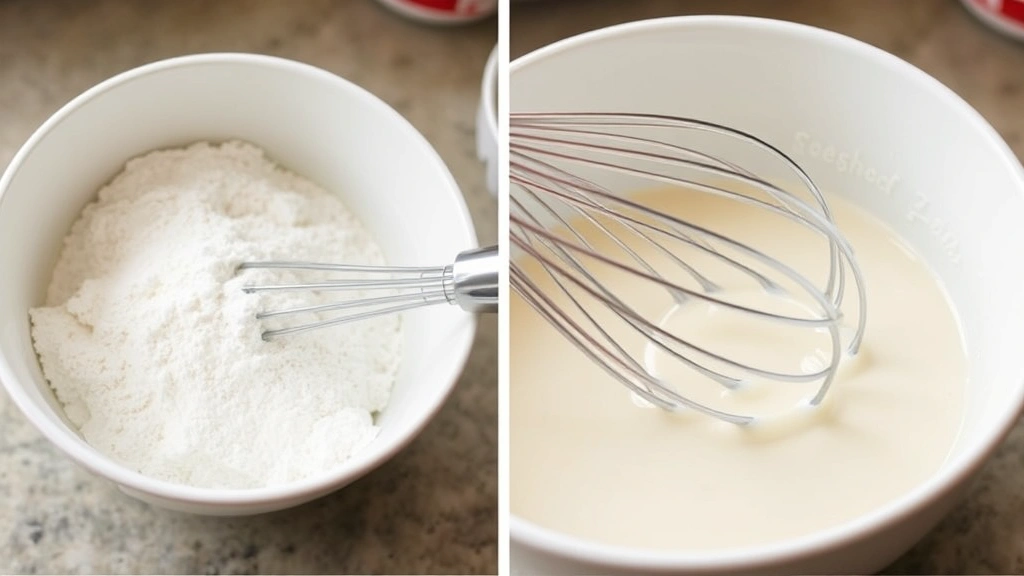process: whisk mixing powdered sugar and milk in white bowl, close-up of glaze being whisked, creamy texture, natural kitchen lighting