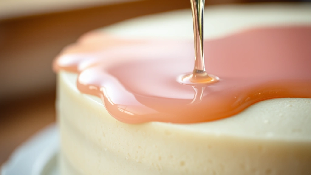 detail: close-up of glaze pouring over cake edge, smooth glossy finish, shallow depth of field, warm natural light