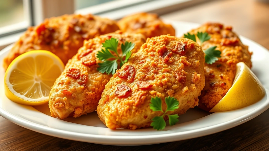hero: golden crispy chicken tenderloins on a white plate with fresh lemon wedges and parsley garnish, photorealistic, natural bright window light, no text, appetizing close-up angle