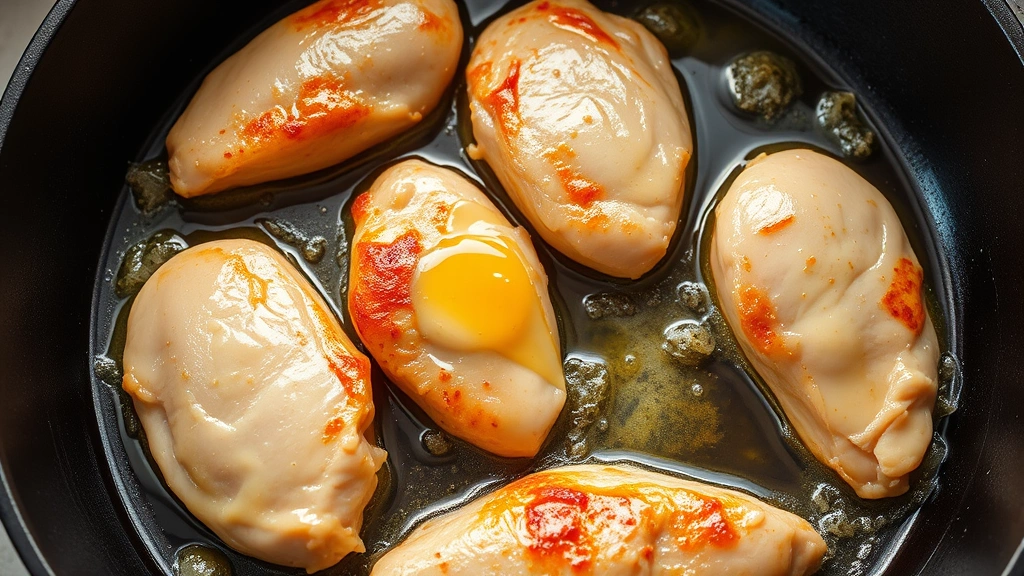 process: chicken tenderloins sizzling in a cast iron skillet with melted butter and oil, golden brown coating forming, photorealistic, natural light from above, no text