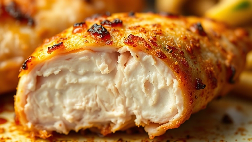 detail: close-up of a perfectly cooked chicken tenderloin with crispy golden exterior and juicy interior cross-section visible, photorealistic, natural light, shallow depth of field, no text