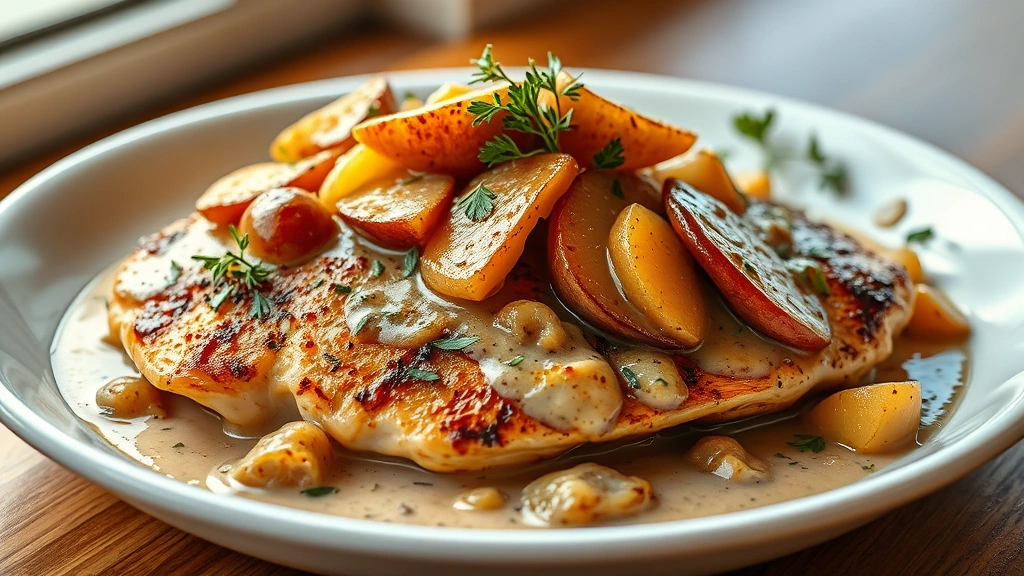 hero: golden-brown seared chicken breast topped with caramelized apples and onions in a rich creamy sauce, garnished with fresh thyme and parsley, plated on white ceramic dish, photorealistic, warm natural window lighting, no text, shallow depth of field