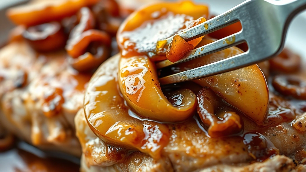 detail: close-up of perfectly cooked chicken with fork easily cutting through tender meat, topped with glazed apple slices and caramelized onions, sauce coating each element, photorealistic, warm natural light, no text, macro photography