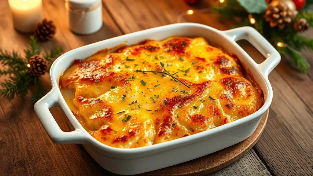 hero: golden-topped Christmas casserole in white baking dish, bubbling cheese sauce visible at edges, fresh herbs garnish, warm holiday lighting, rustic wooden table, no text