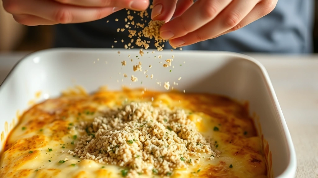 process: hands sprinkling herb breadcrumb mixture over creamy casserole, action shot, natural kitchen light, shallow depth of field, no text