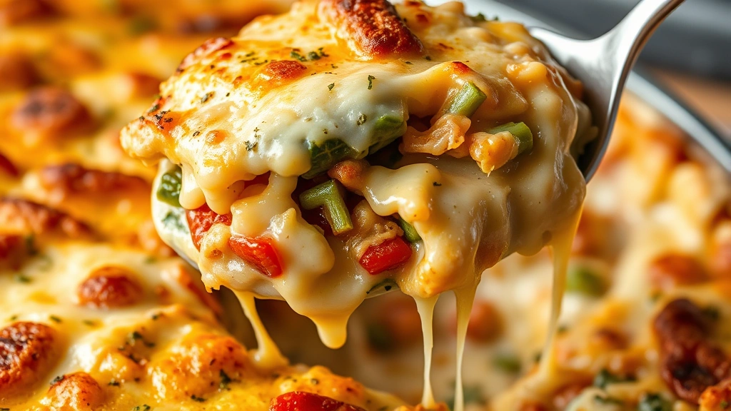 detail: close-up cross-section of casserole showing layers of vegetables and creamy sauce, spoon lifting serving, melted cheese strings, no text
