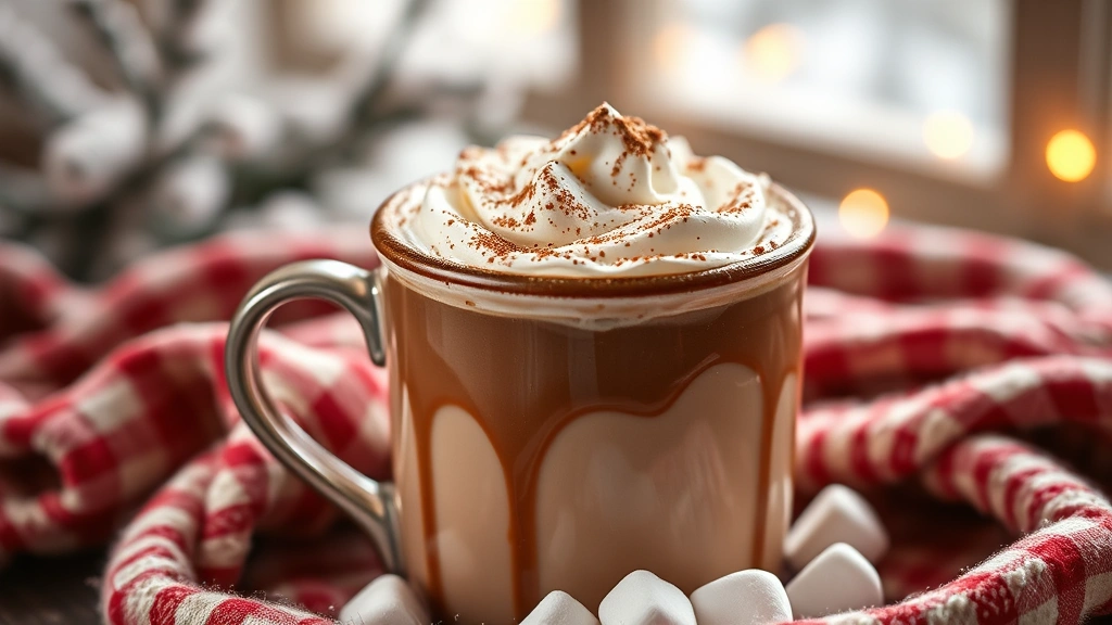 hero: steaming mug of rich hot chocolate with whipped cream and cocoa powder dusting, marshmallows floating on surface, cozy winter setting, photorealistic, natural warm lighting, no text