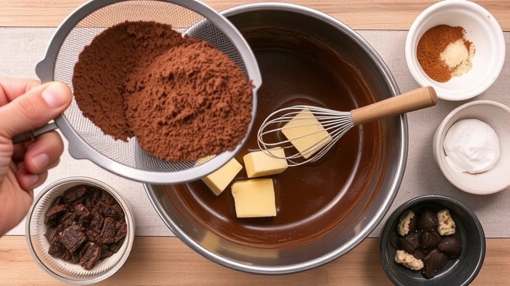 process: overhead shot of sifting cocoa powder into bowl, butter being whisked in, ingredients in small bowls arranged around, photorealistic, natural daylight, no text
