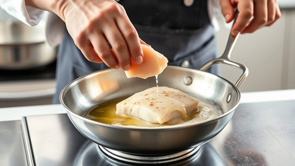 process: chef flipping whiting fillet in stainless steel skillet with butter foaming, photorealistic, natural kitchen light, action shot, no text