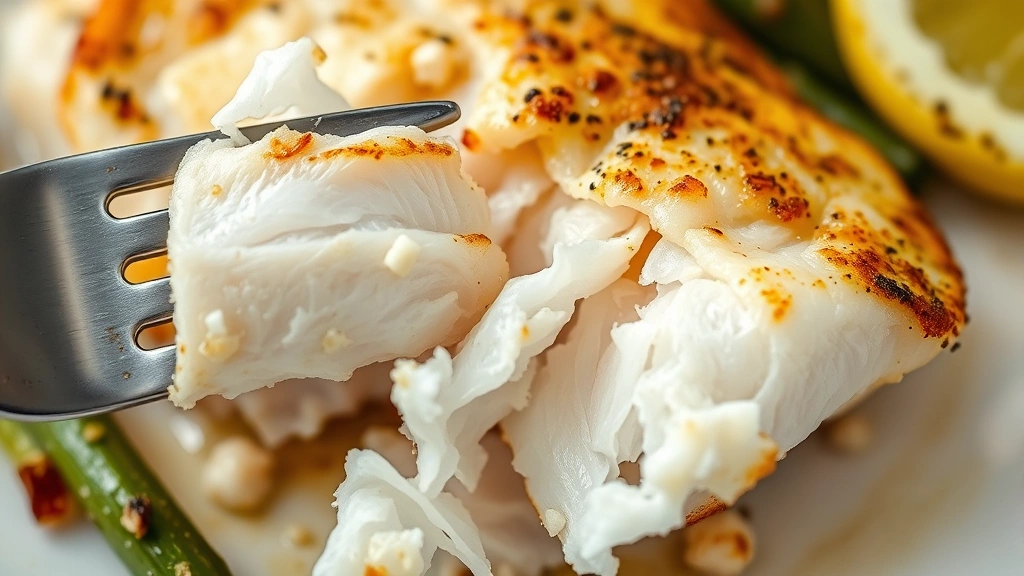 detail: close-up of cooked whiting fillet flaking apart with fork showing tender flaky white flesh and crispy golden exterior, photorealistic, macro photography, natural light, no text
