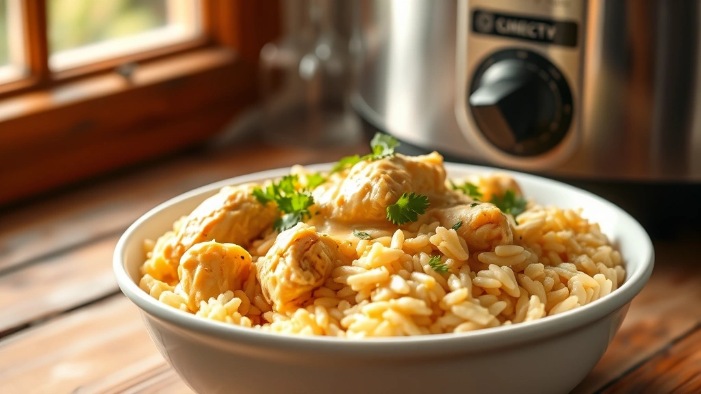 hero: finished crock pot chicken and rice served in a white bowl, steam rising, garnished with fresh green parsley, creamy golden sauce coating the rice and tender chicken pieces, warm natural window light, rustic wooden table background, no text