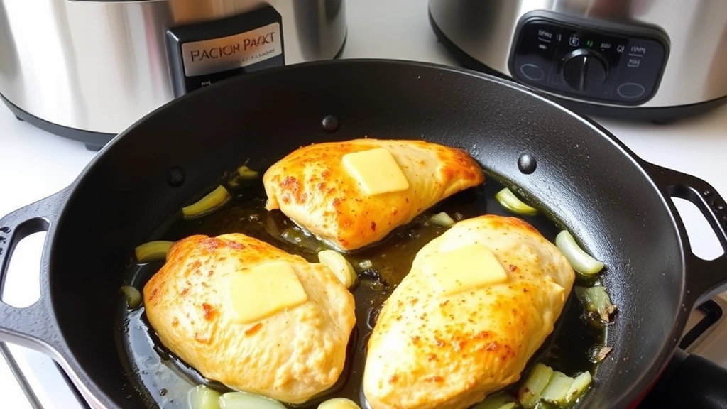 process: searing chicken breasts in a cast iron skillet with butter and oil, golden brown crust forming, onions and garlic visible, stainless steel crock pot in background, natural kitchen lighting, no text