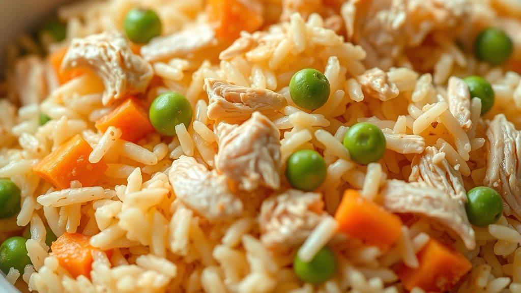 detail: close-up macro shot of fluffy rice mixed with tender shredded chicken, creamy sauce coating each grain, fresh peas and carrot pieces visible, shallow depth of field, warm natural light, no text