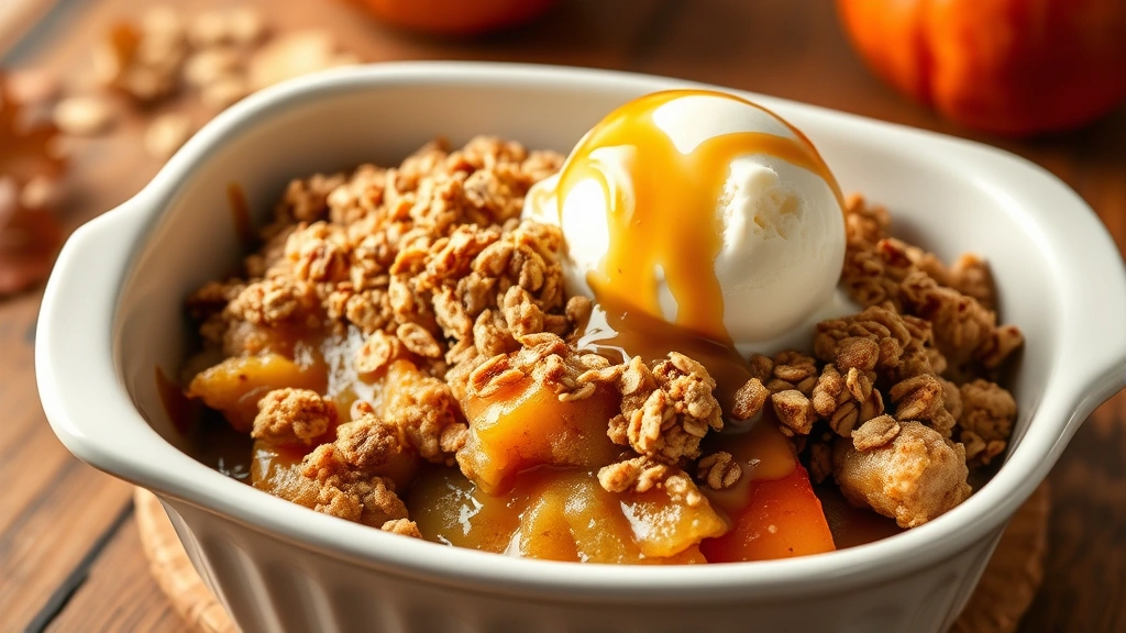 hero: golden caramel apple crisp in white ceramic baking dish, topped with crispy oat topping, vanilla ice cream melting on side, caramel sauce drizzled over, warm cozy fall lighting, wooden table background, no text