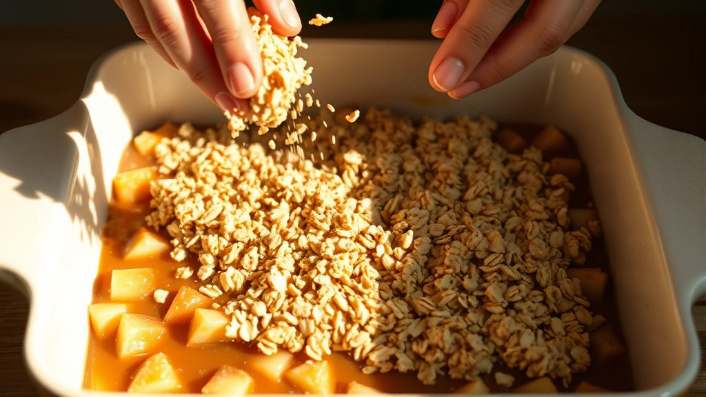 process: hands sprinkling crispy oat topping mixture over caramel and apple filling in baking dish, golden brown, natural kitchen light, no text