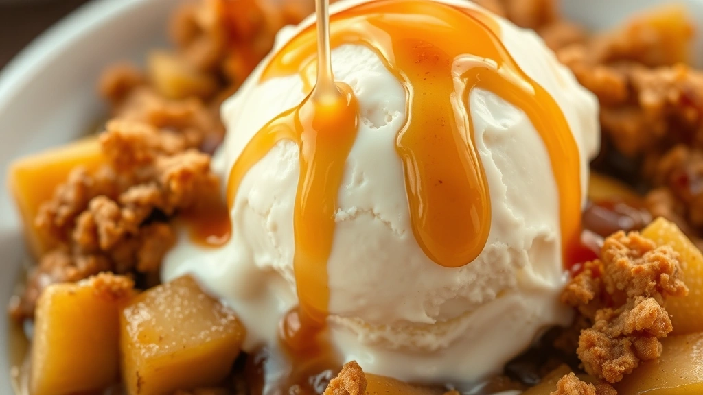 detail: close-up of warm apple crisp with melting vanilla ice cream and caramel sauce dripping, showing tender apples and crunchy topping texture, golden hour lighting, no text