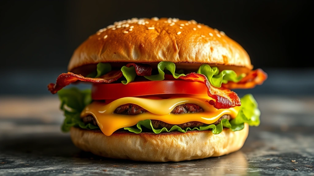 hero: perfectly grilled burger with melted cheese, fresh lettuce, ripe tomato and crispy bacon on toasted bun, photorealistic, natural daylight, no text
