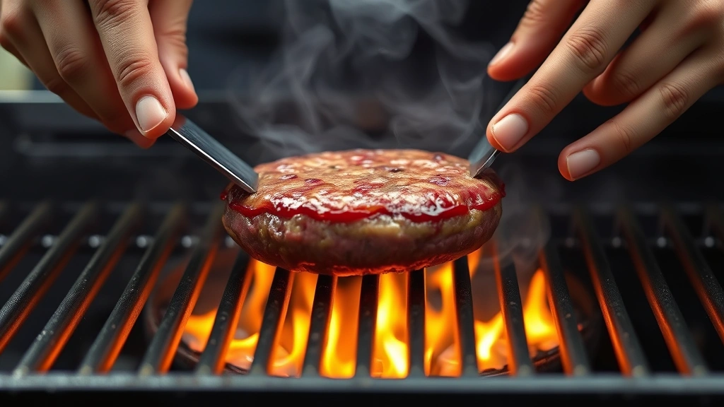 process: hands flipping burger patty on hot grill grates, smoke rising, photorealistic, natural light, no text