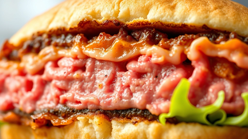 detail: close-up of burger cross-section showing juicy pink interior and golden brown crust, photorealistic, natural light, no text