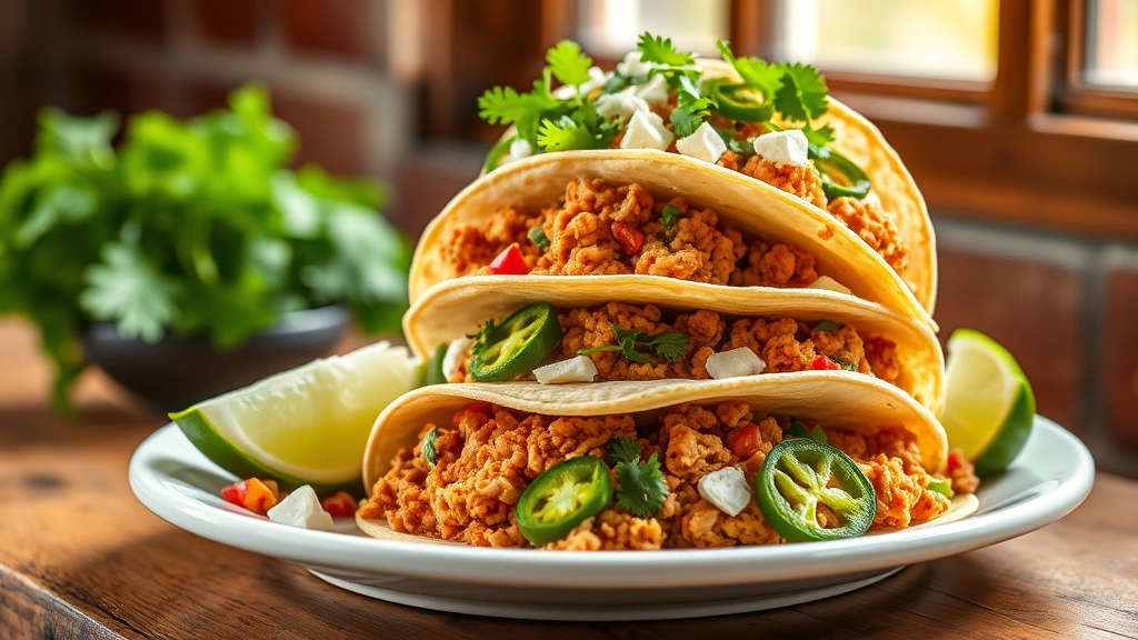 hero: colorful ground chicken tacos stacked on a white plate with fresh cilantro, lime wedges, cotija cheese, and jalapeños, warm natural window light, no text, vibrant and appetizing
