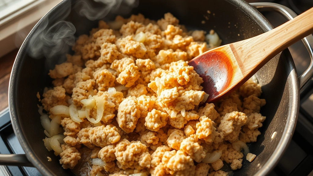 process: golden ground chicken cooking in a skillet with onions and garlic, steam rising, wooden spoon stirring, warm natural light, no text