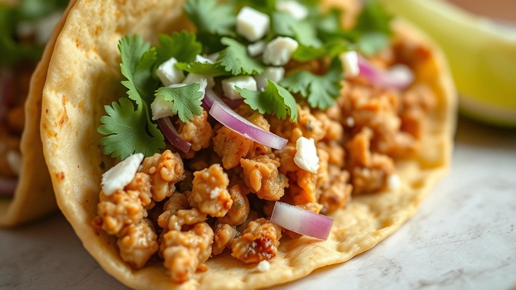 detail: close-up cross-section of assembled taco showing seasoned ground chicken, fresh cilantro, diced red onion, and cotija cheese, warm natural light from the side, no text
