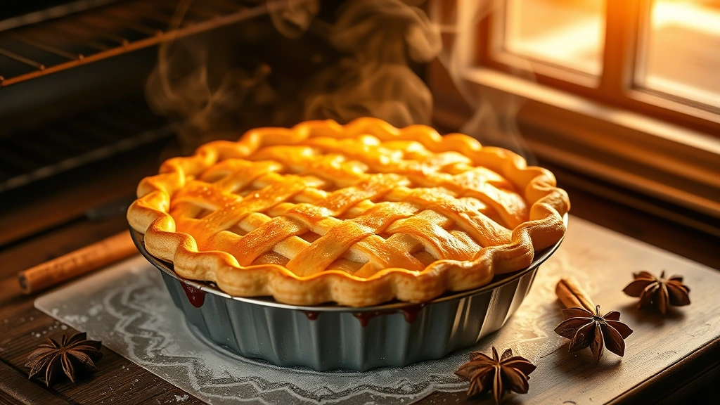 hero: golden baked holiday pie with lattice top, fresh from oven, warm steam rising, cinnamon sticks and star anise scattered nearby, photorealistic, natural warm window light, no text, on rustic wood surface