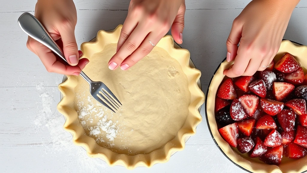 process: hands crimping pie crust edges with fork, raw fruit filling visible in dish, flour dusting, photorealistic, natural daylight, no text, overhead angle