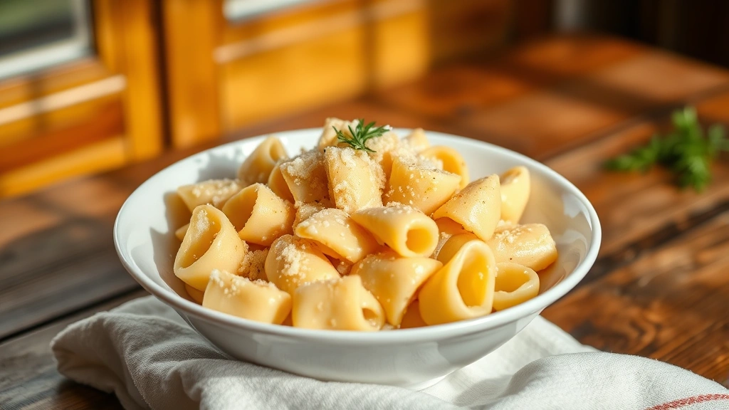 hero: creamy pasta dish in white bowl, soft buttery sauce coating tender pasta shells, garnished with fresh Parmesan, warm natural window light, rustic wooden table background, no text, inviting and comforting