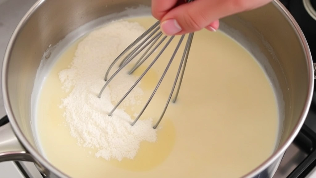 process: hand whisking cream sauce in stainless steel pan, flour mixture being incorporated, golden roux visible, steam rising, natural kitchen light, action shot showing technique