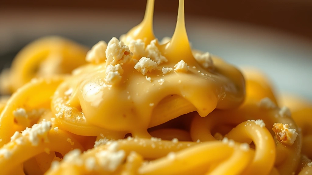 detail: close-up macro of single pasta piece coated in creamy cheese sauce, Parmesan crumbles on top, sauce dripping, shallow depth of field, warm golden lighting, appetizing and detailed