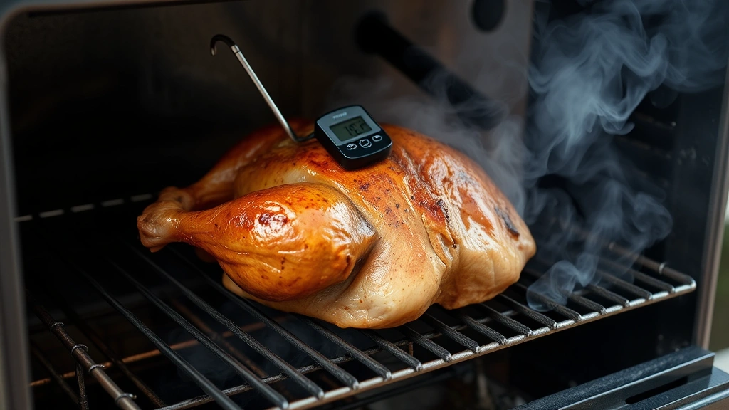 process: turkey breast on smoker grate with visible smoke, thermometer inserted in meat, smoker door open showing interior, natural daylight, documentary style photography