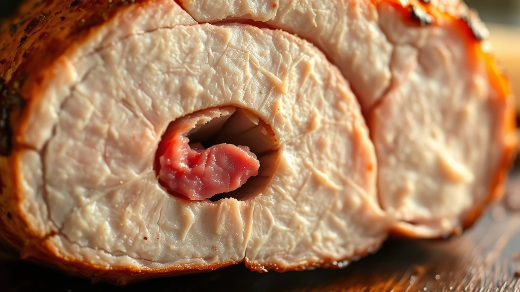 detail: close-up macro shot of smoked turkey breast cross-section showing smoke ring, juicy pink interior meat, crispy bark exterior, warm natural light with shallow focus