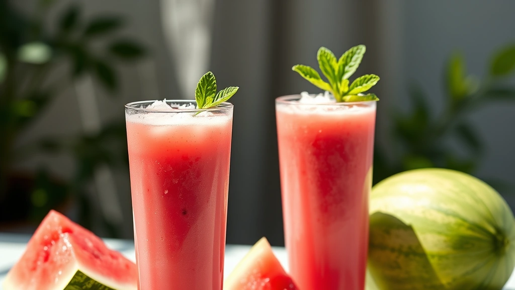 hero: two tall glasses filled with vibrant pink watermelon smoothie, topped with fresh mint sprig and shredded coconut, condensation on glass, watermelon slices beside, natural sunlight streaming through, photorealistic, no text
