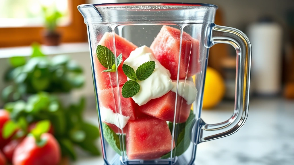 process: blender with frozen watermelon cubes, Greek yogurt, and mint leaves visible inside, mid-blend action, kitchen counter setting, natural window light, photorealistic, no text
