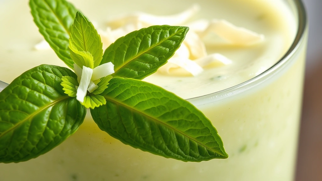 detail: close-up of smoothie surface showing creamy texture, fresh mint leaf garnish, coconut shred detail, lime wheel, macro photography, natural light, photorealistic, no text