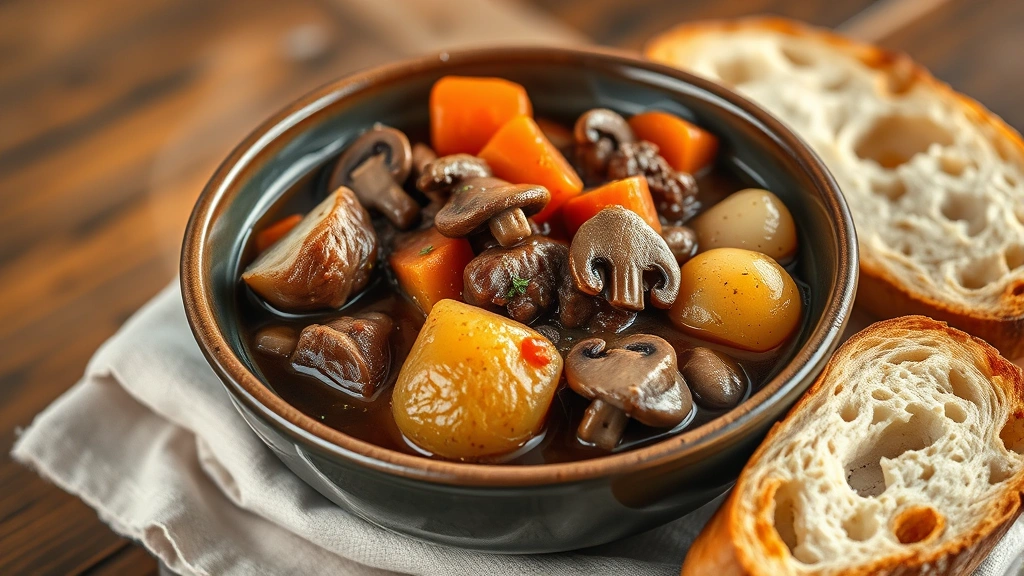 hero: bowl of slow cooker steak with tender beef, carrots, mushrooms, potatoes in rich brown sauce, crusty bread beside, steam rising, photorealistic, warm natural lighting, no text