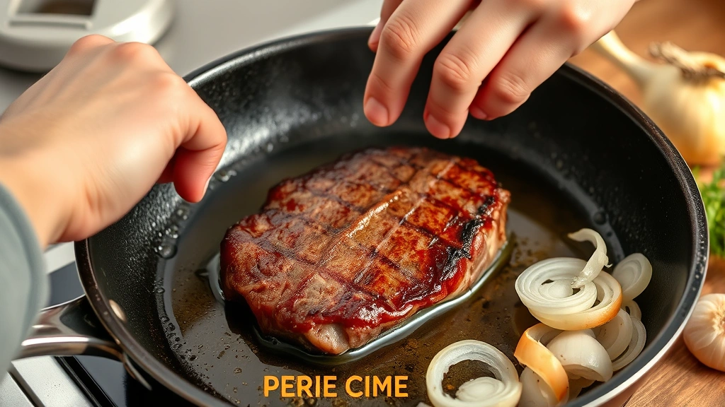 process: hand searing beef steak in hot skillet with oil, brown crust forming, onions and garlic nearby, photorealistic, natural kitchen lighting, no text