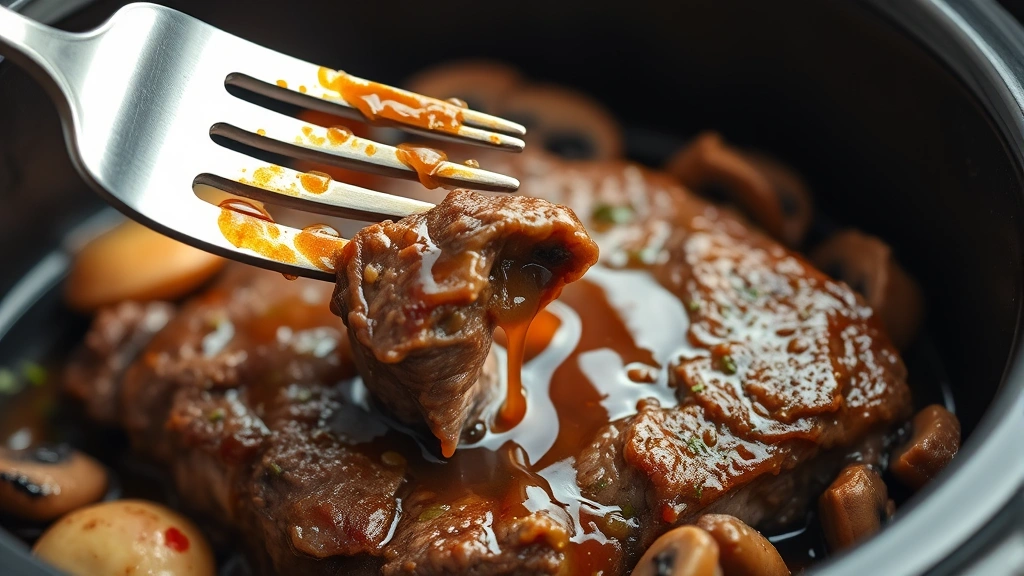 detail: close-up of fork breaking into perfectly tender slow cooker steak, sauce dripping, mushrooms and vegetables visible, photorealistic, warm natural lighting, no text
