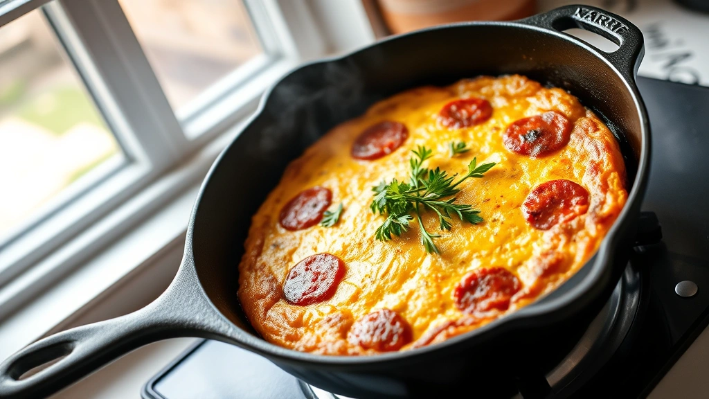 hero: golden-brown frittata in cast iron skillet, fresh herbs garnish, kitchen counter, natural window light, steam rising, appetizing presentation