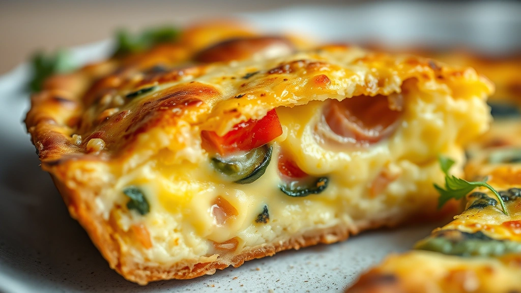 detail: close-up cross-section of frittata showing creamy egg custard interior with melted cheese and tender vegetables, shallow depth of field, beautiful texture