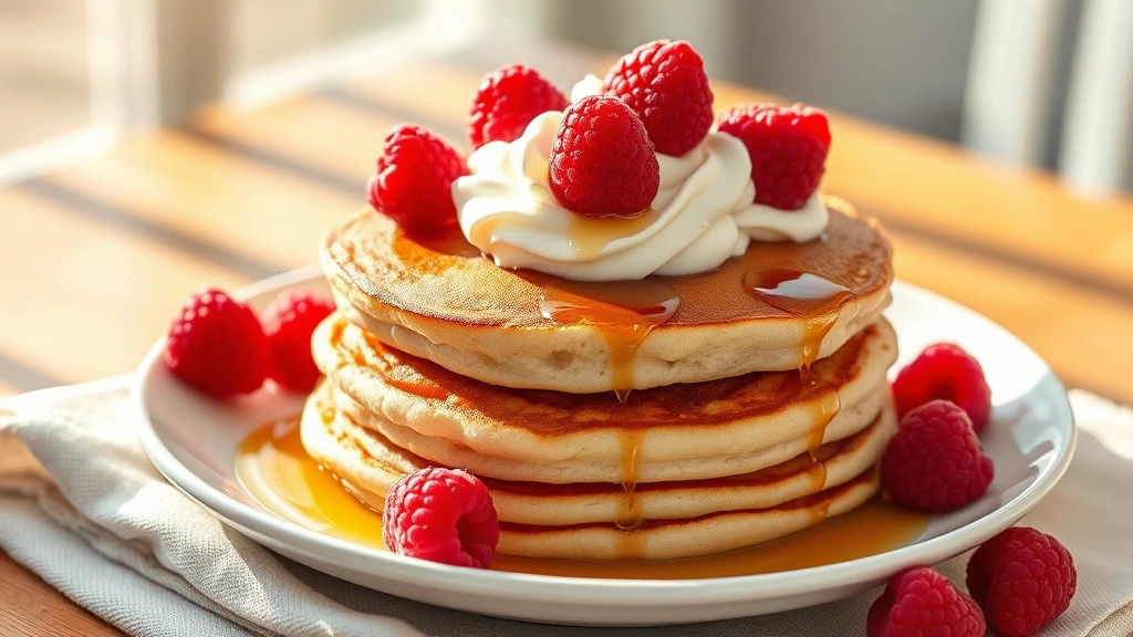hero: stack of fluffy almond flour pancakes topped with fresh raspberries, whipped cream, and maple syrup drizzle, golden brown edges, morning sunlight streaming across white plate, styled on linen napkin, photorealistic, natural light, no text
