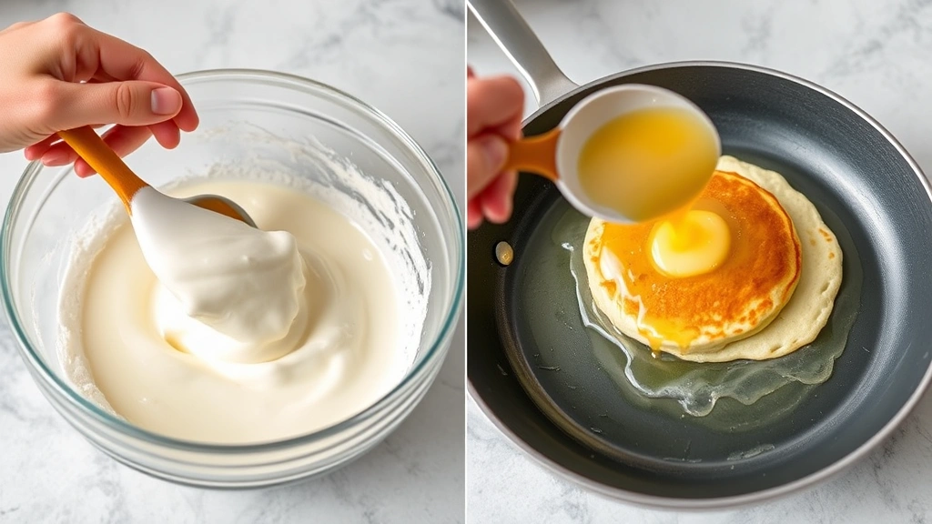 process: hand folding whipped egg whites into almond flour batter in glass bowl with rubber spatula, showing light and airy texture, pouring golden pancake onto buttered skillet with sizzle, photorealistic, natural light, no text