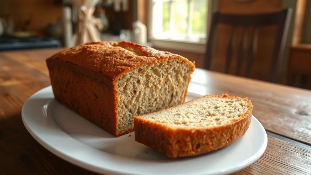 hero: golden-brown banana bread loaf sliced on a white plate, fresh from the oven, steam visible, natural morning sunlight streaming across wooden table, rustic farmhouse setting, no text or watermarks